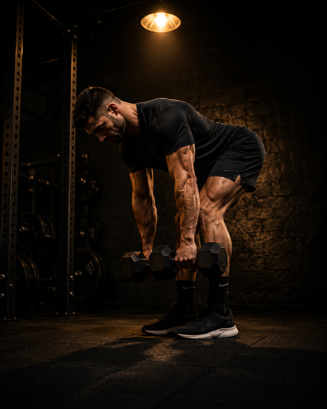 Person performing a Romanian deadlift with GymRequest adjustable dumbbells in a dark home gym - 20 minute resistance training session