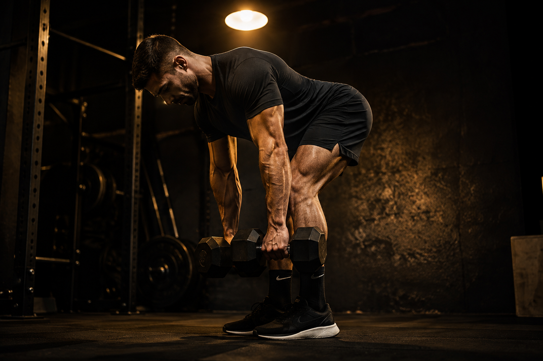 Person performing a Romanian deadlift with GymRequest adjustable dumbbells in a dark home gym - 20-minute resistance training session