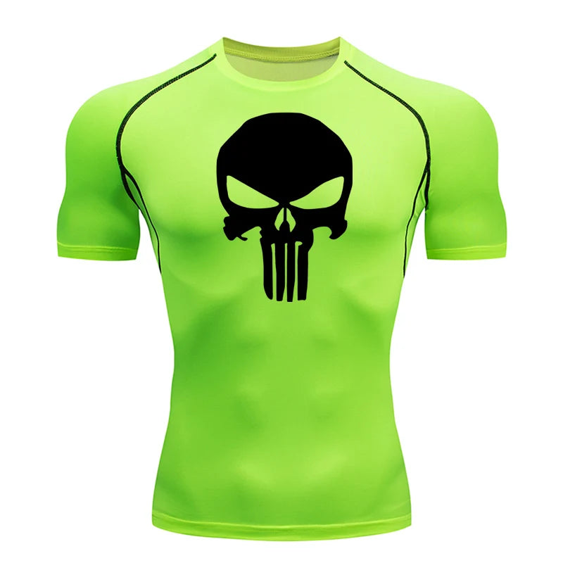 high-stretch skull compression long sleeve gym shirt, designed for muscle support, breathability, and quick-dry comfort during workouts.