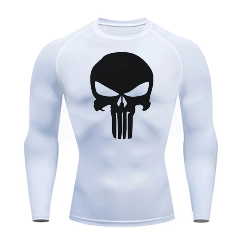 high-stretch skull compression long sleeve gym shirt, designed for muscle support, breathability, and quick-dry comfort during workouts.