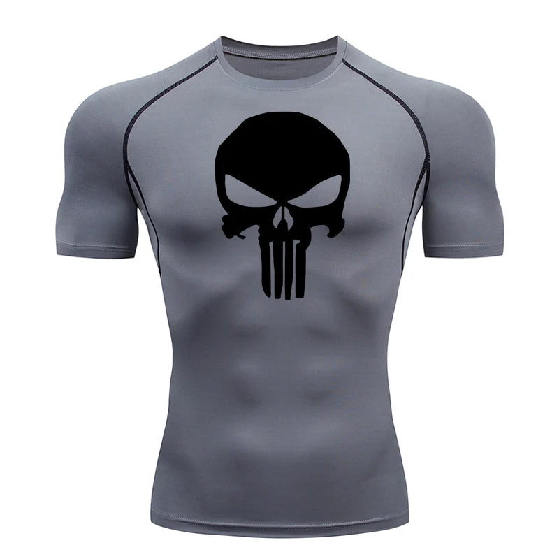 high-stretch skull compression long sleeve gym shirt, designed for muscle support, breathability, and quick-dry comfort during workouts.