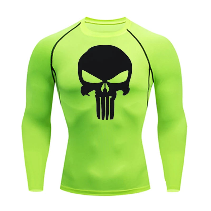 high-stretch skull compression long sleeve gym shirt, designed for muscle support, breathability, and quick-dry comfort during workouts.