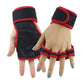 A pair of half-finger weight training gloves in black with red accents, shown in use during weightlifting activities.