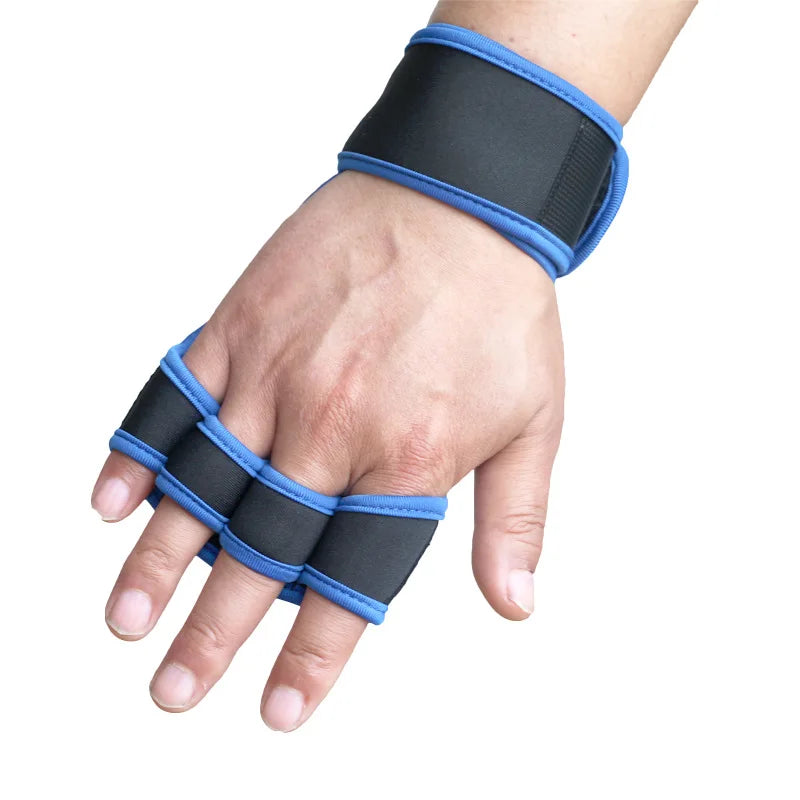 A pair of black wrist protector gloves designed for weightlifting, featuring padding on the palm and wrist area.