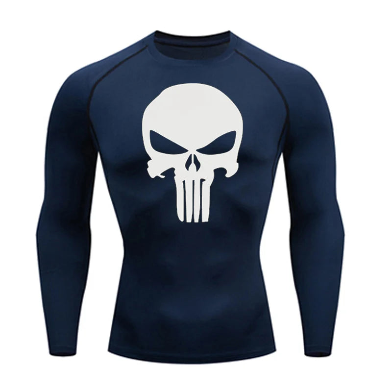 high-stretch skull compression long sleeve gym shirt, designed for muscle support, breathability, and quick-dry comfort during workouts.