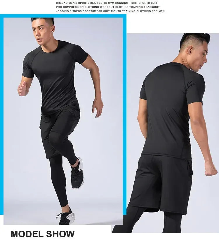 2pcs Men Compression Sportswear Suit Elastic Training Sports Yoga Sets Workout Jogging Fitness Clothing Tracksuit Pants Sporting