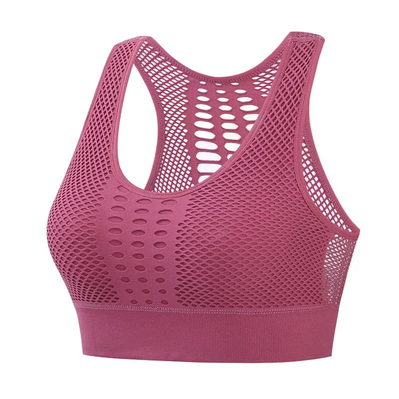 Pink mesh breathable gym top for women, quick-dry activewear perfect for summer workouts and swimwear.