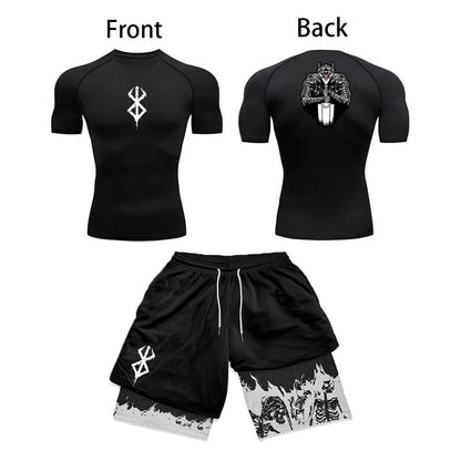 Anime 3D-geprinte compressieset voor heren, korte mouw gymtop + trainingsshort