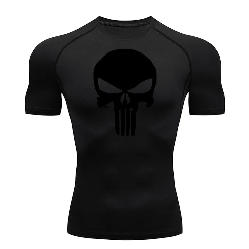 high-stretch skull compression long sleeve gym shirt, designed for muscle support, breathability, and quick-dry comfort during workouts.