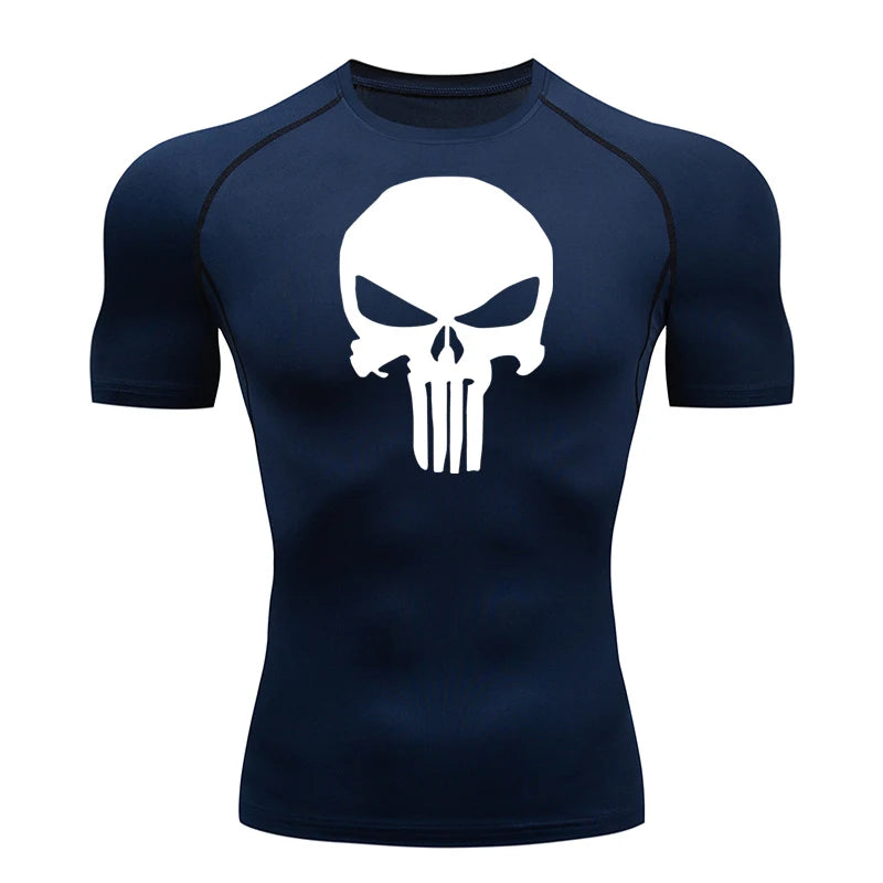 high-stretch skull compression long sleeve gym shirt, designed for muscle support, breathability, and quick-dry comfort during workouts.