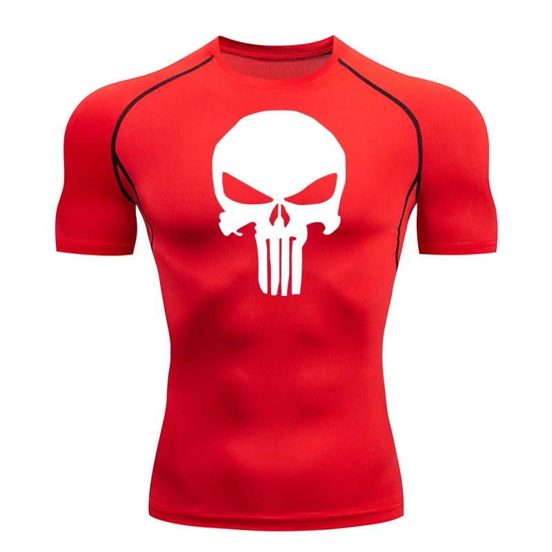 high-stretch skull compression long sleeve gym shirt, designed for muscle support, breathability, and quick-dry comfort during workouts.