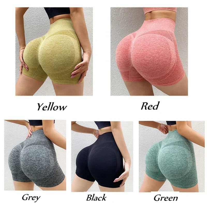 Woman wearing seamless high-waisted workout shorts in a slim, stretchy fit—ideal for yoga, gym, and activewear.