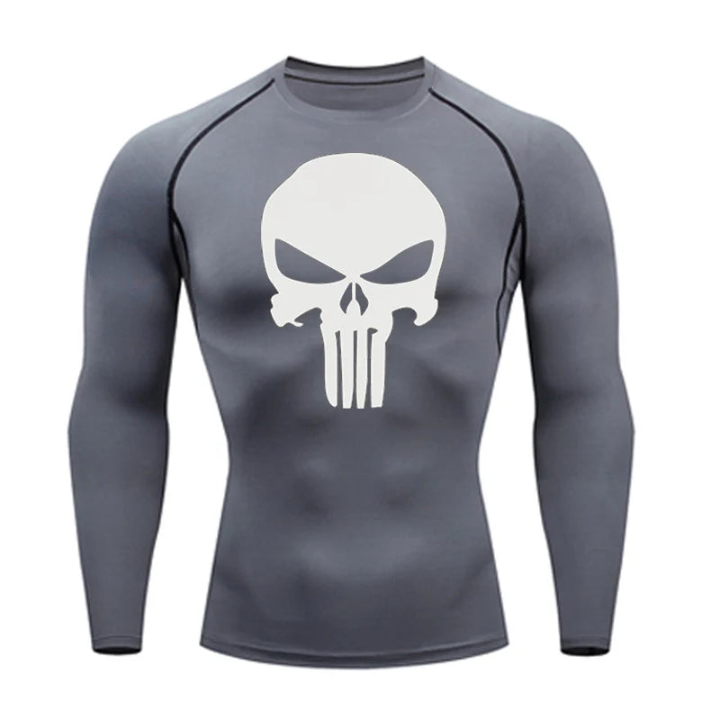 high-stretch skull compression long sleeve gym shirt, designed for muscle support, breathability, and quick-dry comfort during workouts.