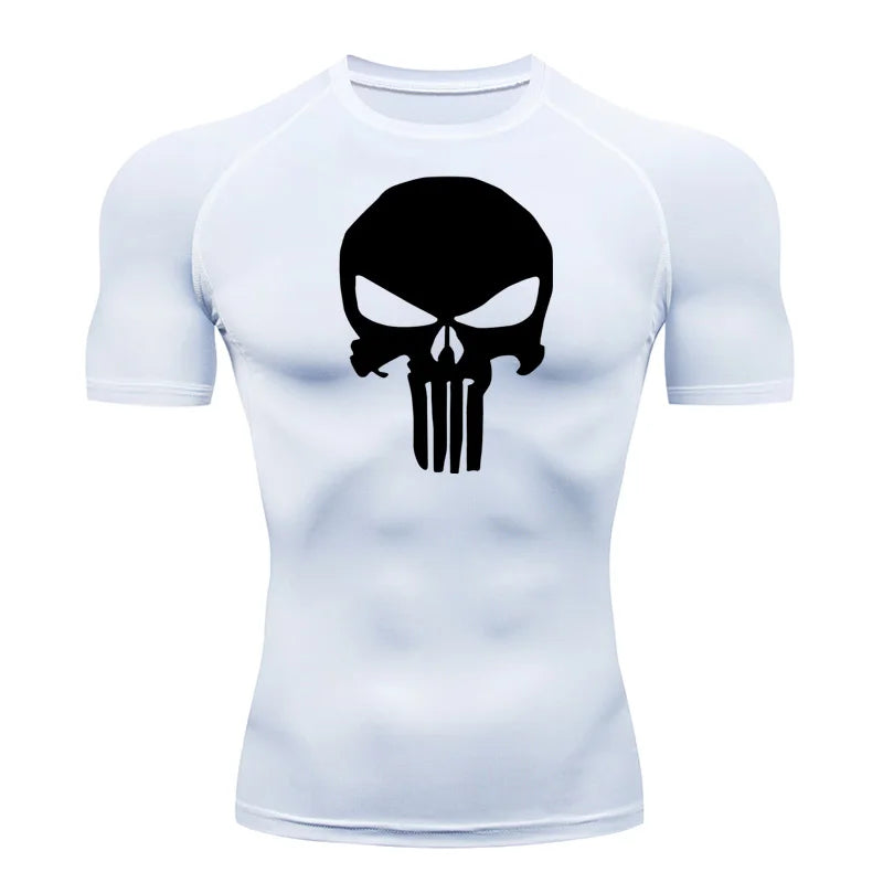 high-stretch skull compression long sleeve gym shirt, designed for muscle support, breathability, and quick-dry comfort during workouts.