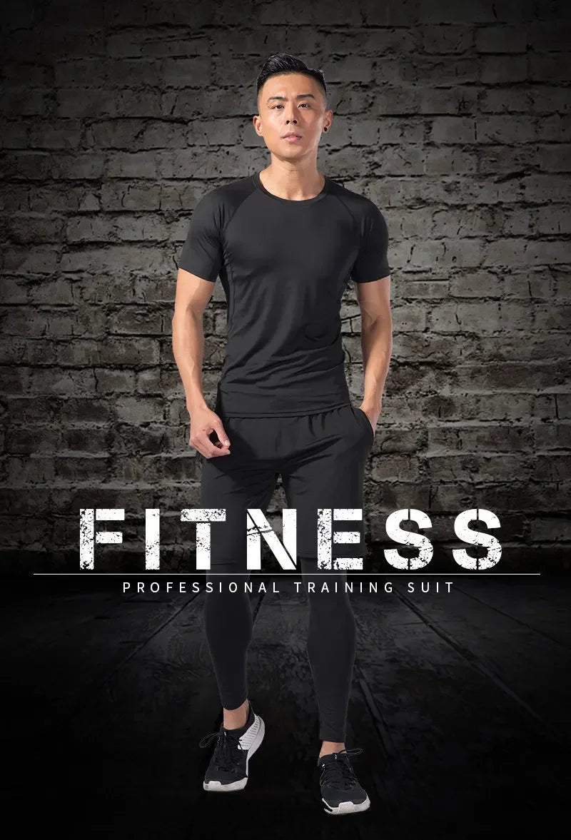 2pcs Men Compression Sportswear Suit Elastic Training Sports Yoga Sets Workout Jogging Fitness Clothing Tracksuit Pants Sporting