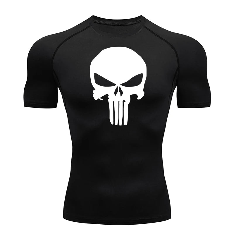 high-stretch skull compression long sleeve gym shirt, designed for muscle support, breathability, and quick-dry comfort during workouts.