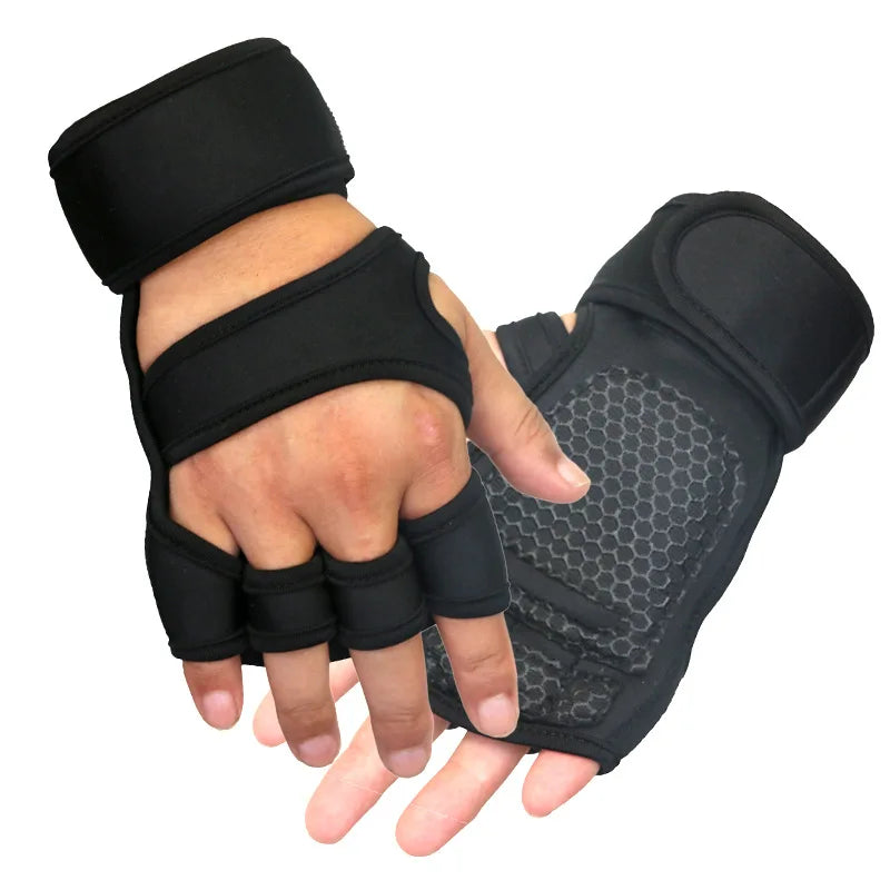 A pair of black wrist protector gloves designed for weightlifting, featuring padding on the palm and wrist area.
