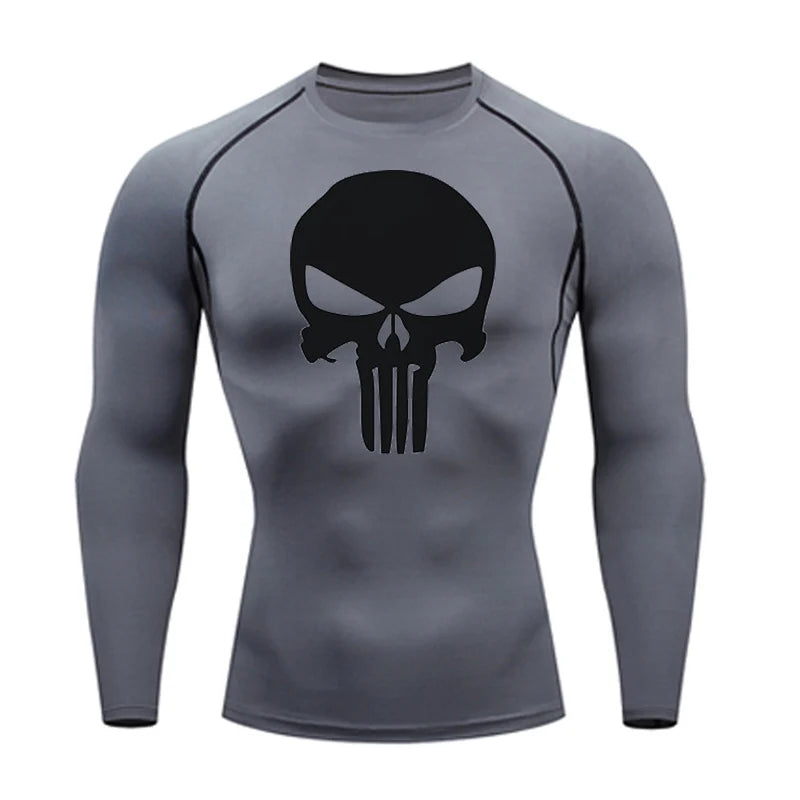 high-stretch skull compression long sleeve gym shirt, designed for muscle support, breathability, and quick-dry comfort during workouts.