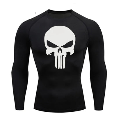 high-stretch skull compression long sleeve gym shirt, designed for muscle support, breathability, and quick-dry comfort during workouts.