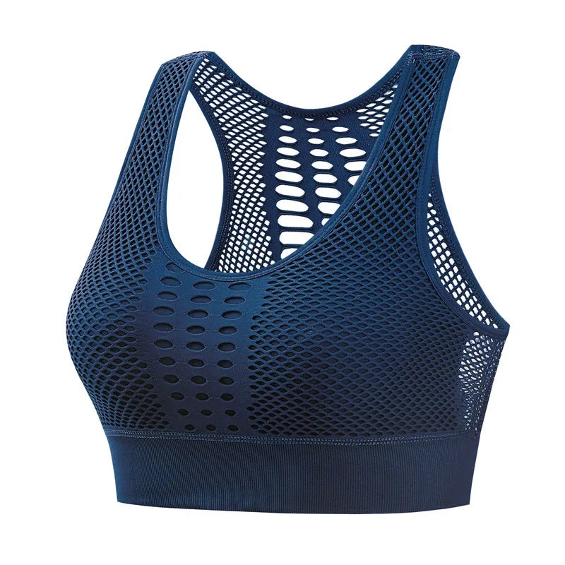 Blue mesh breathable gym top for women, quick-dry activewear perfect for summer workouts and swimwear.