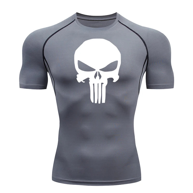 high-stretch skull compression long sleeve gym shirt, designed for muscle support, breathability, and quick-dry comfort during workouts.