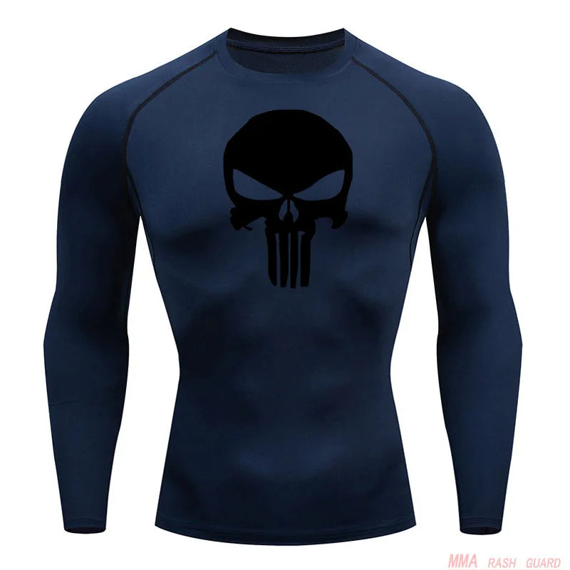 high-stretch skull compression long sleeve gym shirt, designed for muscle support, breathability, and quick-dry comfort during workouts.