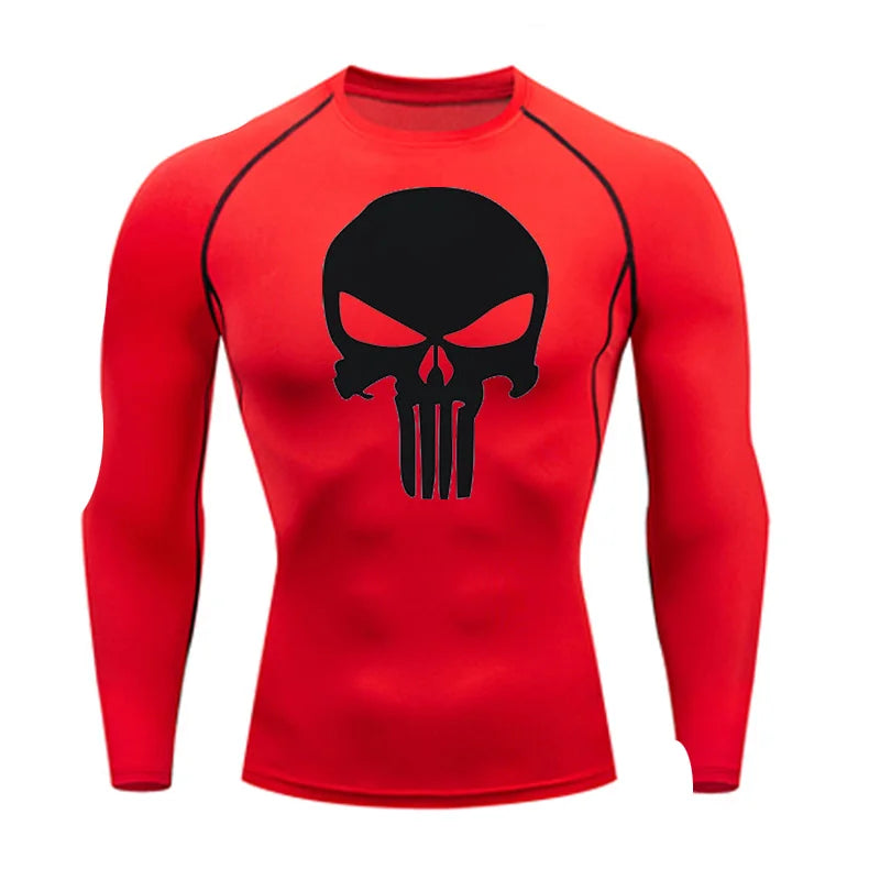 high-stretch skull compression long sleeve gym shirt, designed for muscle support, breathability, and quick-dry comfort during workouts.