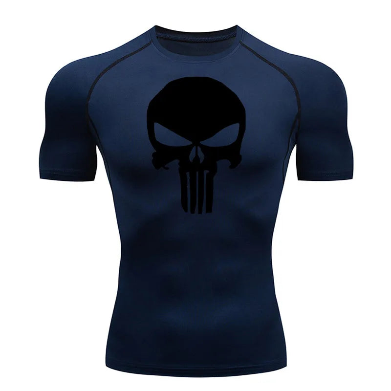 high-stretch skull compression long sleeve gym shirt, designed for muscle support, breathability, and quick-dry comfort during workouts.