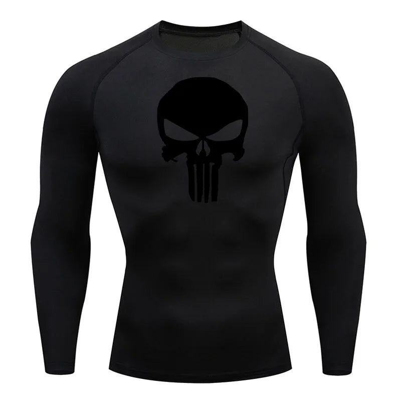 high-stretch skull compression long sleeve gym shirt, designed for muscle support, breathability, and quick-dry comfort during workouts.